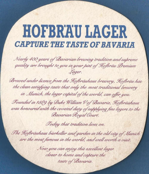 Hofbrauhaus Beer Mat 1 Back